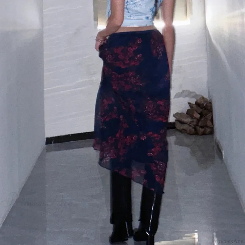 Y2K Retro Floral Printed High Waist Ruffled Women’s Long Skirt skirt-250126
