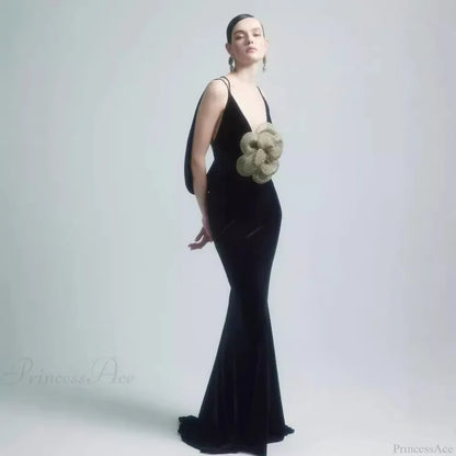 3D Floral Backless Satin Prom Dress 黑色 / XS promdress-250223