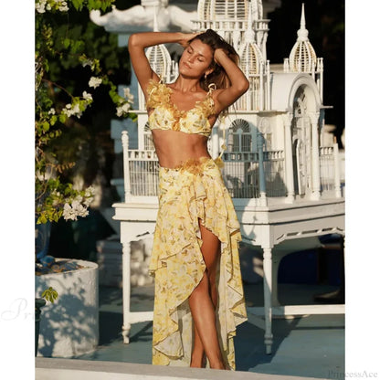 3D Floral Push up Skirt Two Piece Set yellow Bikini and Skirt / S