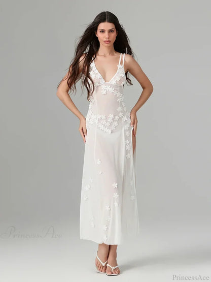 3D Flower Decor Backless Deep V Slit See-Through Beach Floral Dress floraldress-250126
