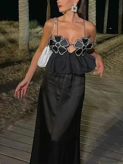3D Flower Spaghetti Strap Backless Crop Top croptop-250126