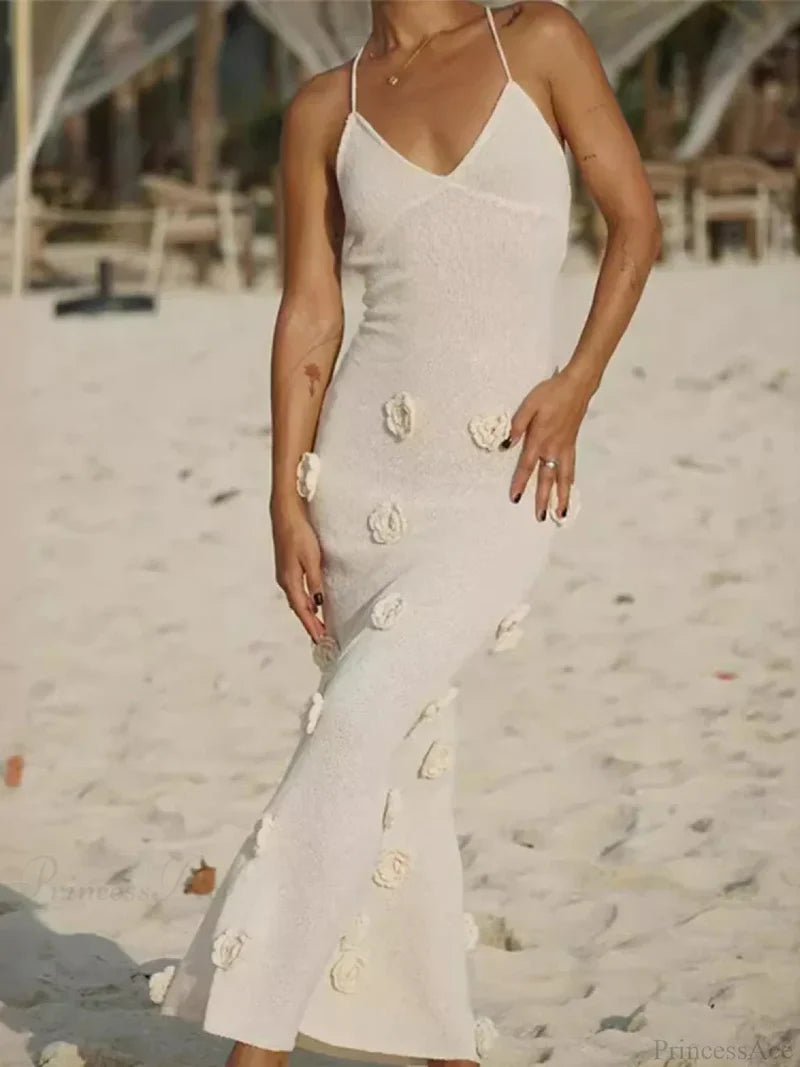 3D Flower V-neck Backless Lace-Up Maxi Floral Dress floraldress-250126