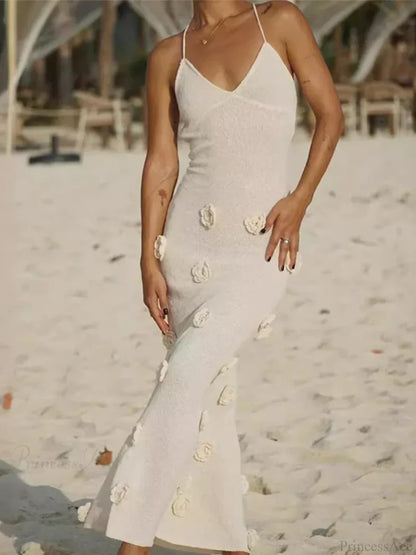 3D Flower V-neck Backless Lace-Up Maxi Floral Dress floraldress-250126