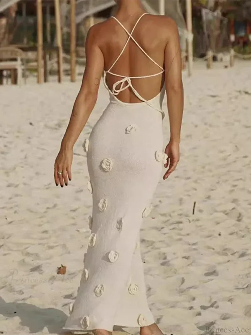 3D Flower V-neck Backless Lace-Up Maxi Floral Dress floraldress-250126