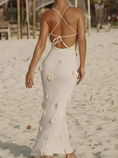 3D Flower V-neck Backless Lace-Up Maxi Floral Dress floraldress-250126