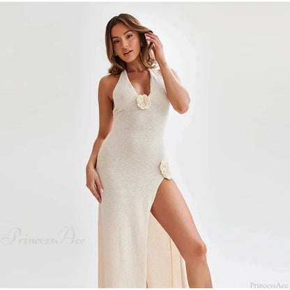 3D Flower V-neck Backless Lace-Up Maxi Floral Dress White 02 / S floraldress-250126