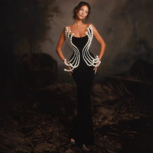 3D Pearl Strapless Bandage Prom Dress black / XS promdress-250223