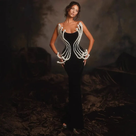3D Pearl Strapless Bandage Prom Dress black / XS promdress-250223