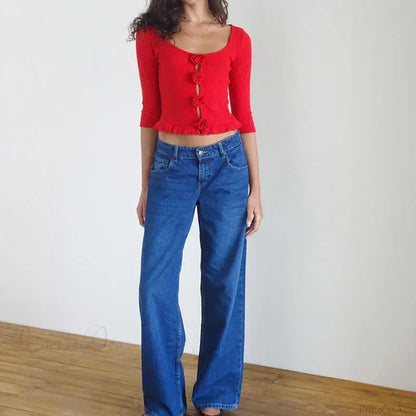 3D Rosette Front Hollow Out Vintage Half Sleeve Elegant Lady Slim Fit Y2K Crop Top croptop-250126