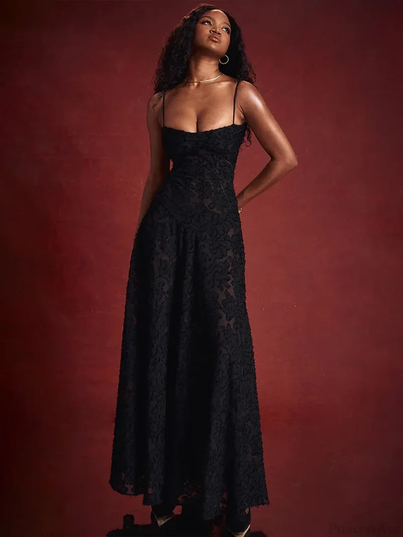 A-line Lace Backless Vacation Dress Black / S vacationdress-250223