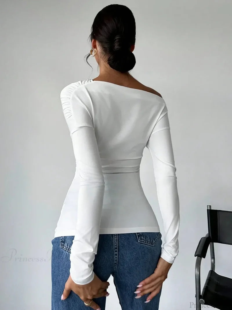 A-line Shoulder Long Sleeve Slim Knitted T-shirt Women knittop-250126
