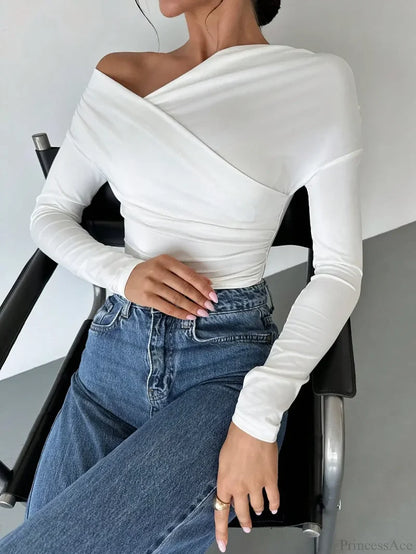 A-line Shoulder Long Sleeve Slim Knitted T-shirt Women knittop-250126