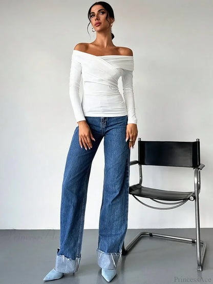 A-line Shoulder Long Sleeve Slim Knitted T-shirt Women knittop-250126