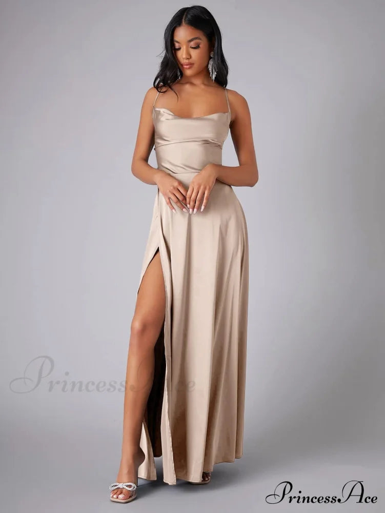 Abigail Ruched Stylish Satin Mermaid Dress Khaki / S S.o. Long Dresses