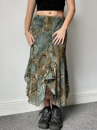 Aesthetic Floral Print Asymmetrical Boho Vacation Lace Skirt Green / S skirt-250126