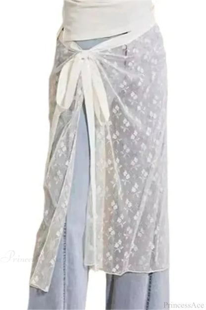 Aesthetic See Through Sequins Flower Lace Long Apron Skirt White / One Size skirt-250126