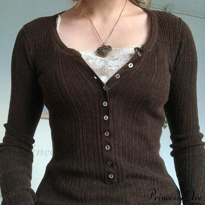 Aesthetic Up Ribbed Lace Arm Patchwork Retro Tops Y2K Skinny Casual Grunge Button Long Fairy Women
