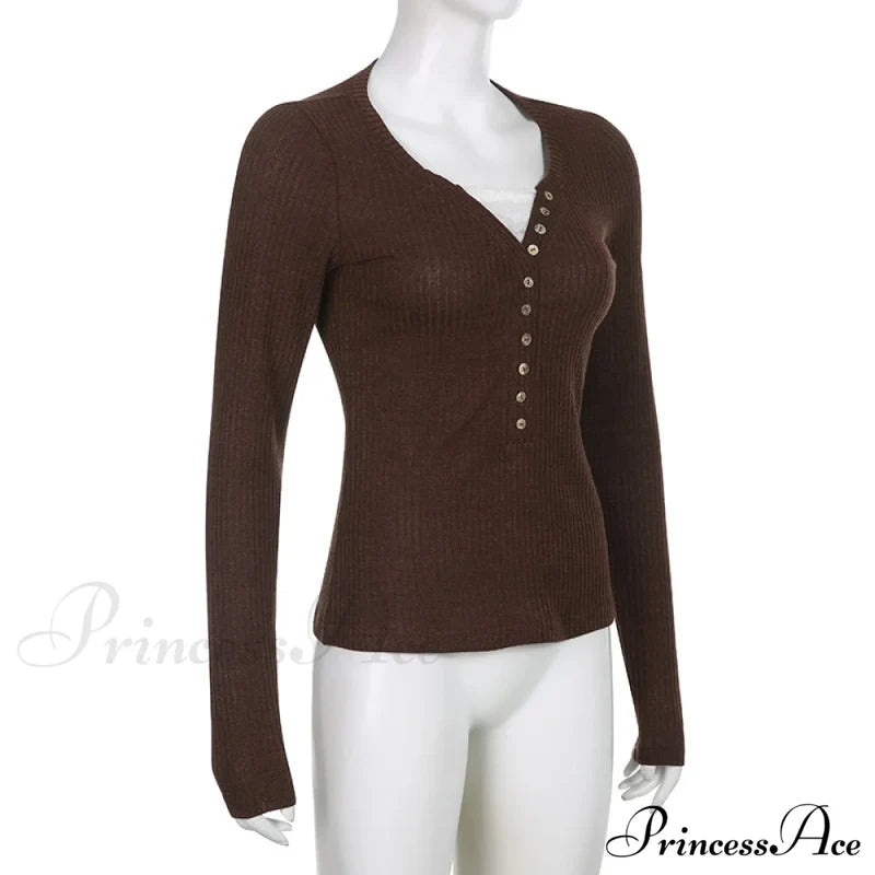 Aesthetic Up Ribbed Lace Arm Patchwork Retro Tops Y2K Skinny Casual Grunge Button Long Fairy Women
