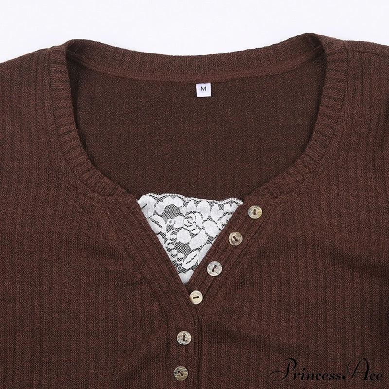 Aesthetic Up Ribbed Lace Arm Patchwork Retro Tops Y2K Skinny Casual Grunge Button Long Fairy Women