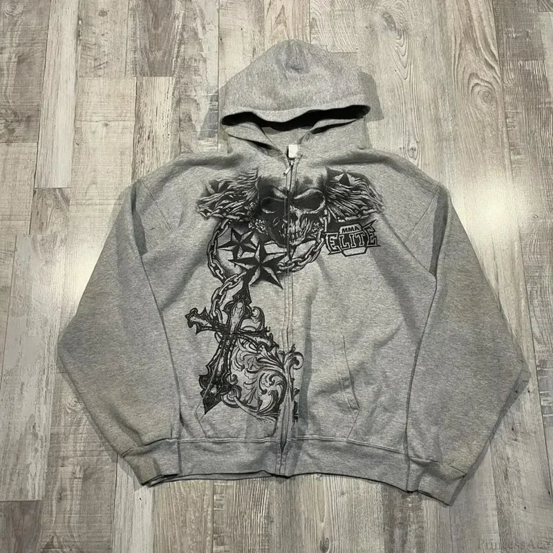 Affliction Gothic Skull Zipper Hoodie grey 1 / S