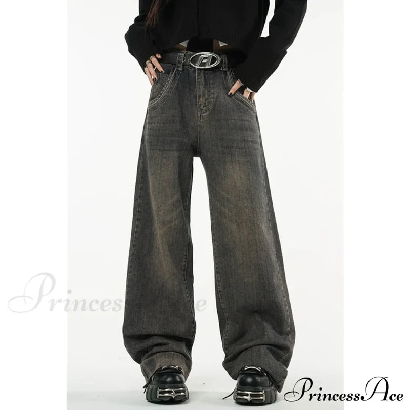 American Fashion Blue Jeans Waist Vintage High Streetwear Dark Leg Women - Denim Wide Trouser