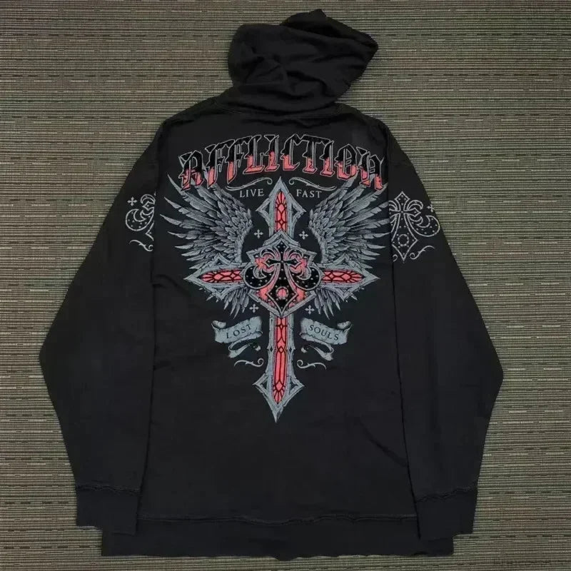 American Gothic Skull Large Zipper Hoodie black6 / S
