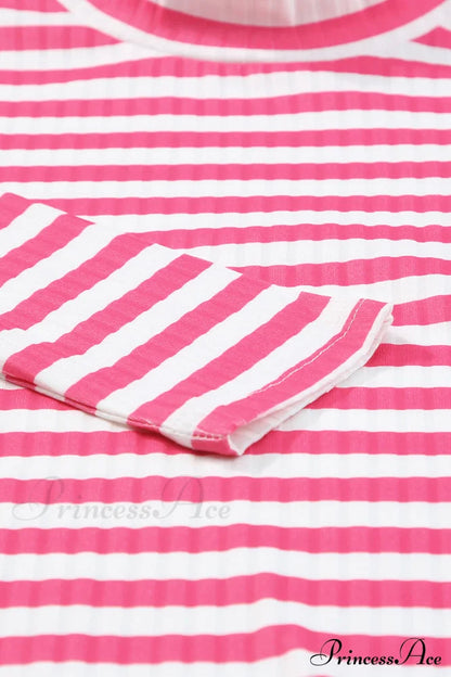 Arm Design Long Textured Pink Knit Striped Tee Tops