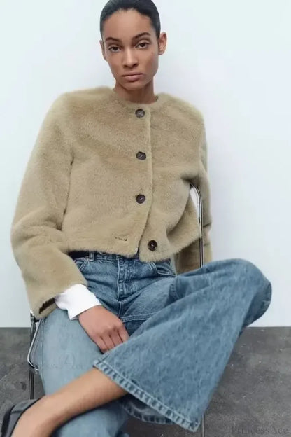 Artificial Fur Short Jacket Knit Cardigan Khaki / XS