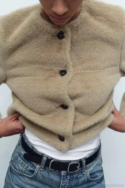 Artificial Fur Short Jacket Knit Cardigan