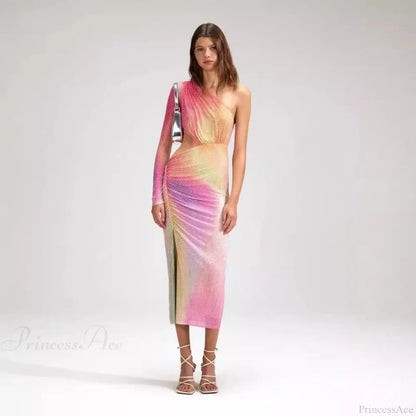 Asymmetrical Off-Shoulder Colorful High-End Prom Dress promdress-250223