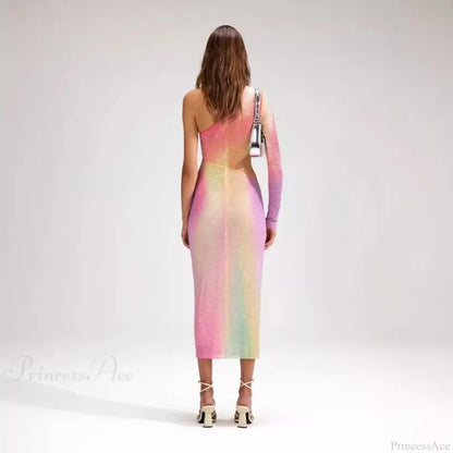 Asymmetrical Off-Shoulder Colorful High-End Prom Dress promdress-250223