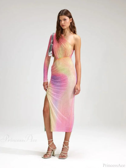 Asymmetrical Off-Shoulder Colorful High-End Prom Dress pink / XS promdress-250223