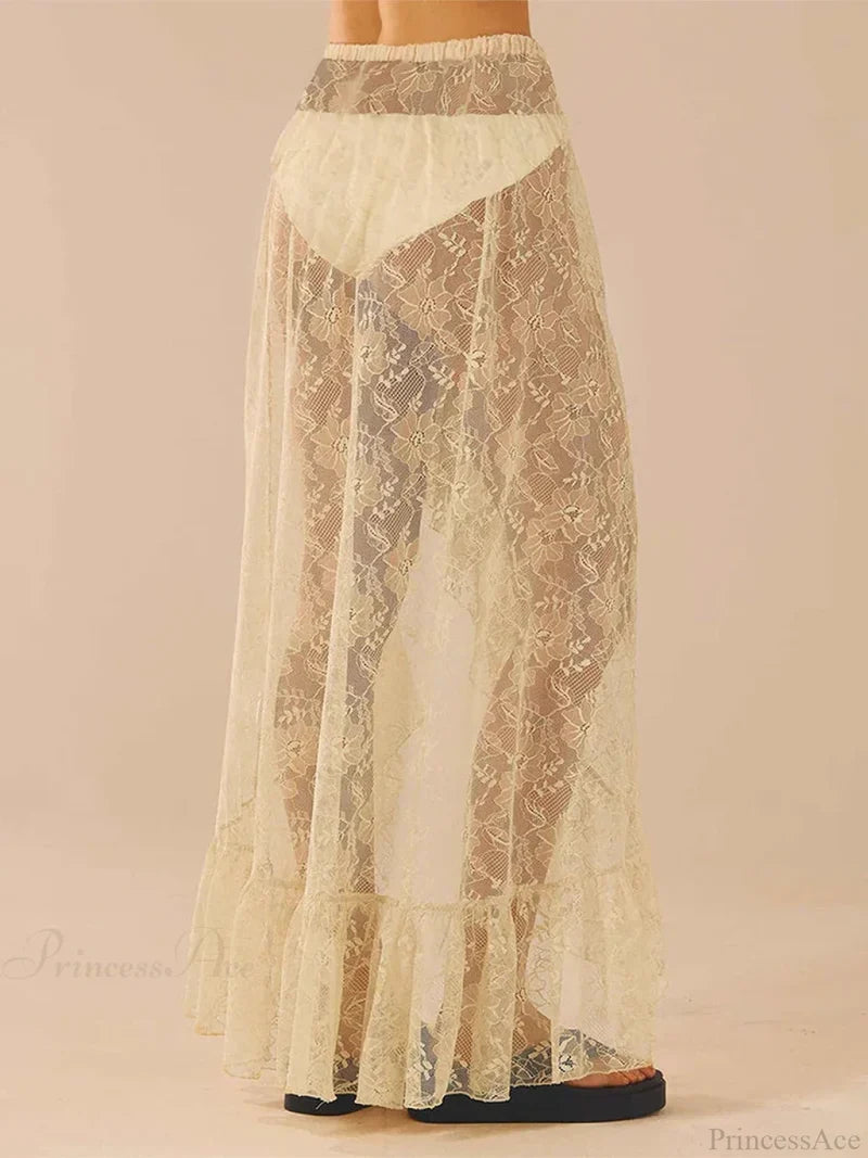 Asymmetrical Ruffle Lace Bodycon Summer Beach Y2K Long Skirt skirt-250126