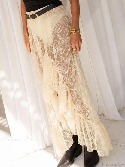 Asymmetrical Ruffle Lace Bodycon Summer Beach Y2K Long Skirt skirt-250126