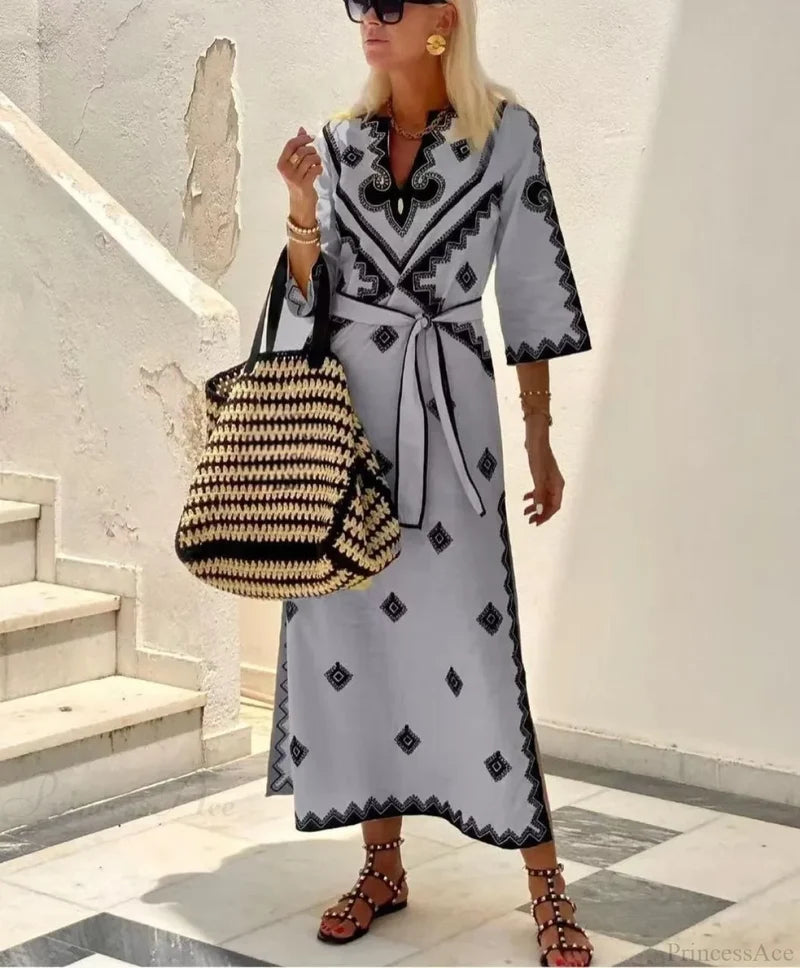 Autumn Fragrant Hemp A-line Boho Dress GRAY / S bohodress-250126