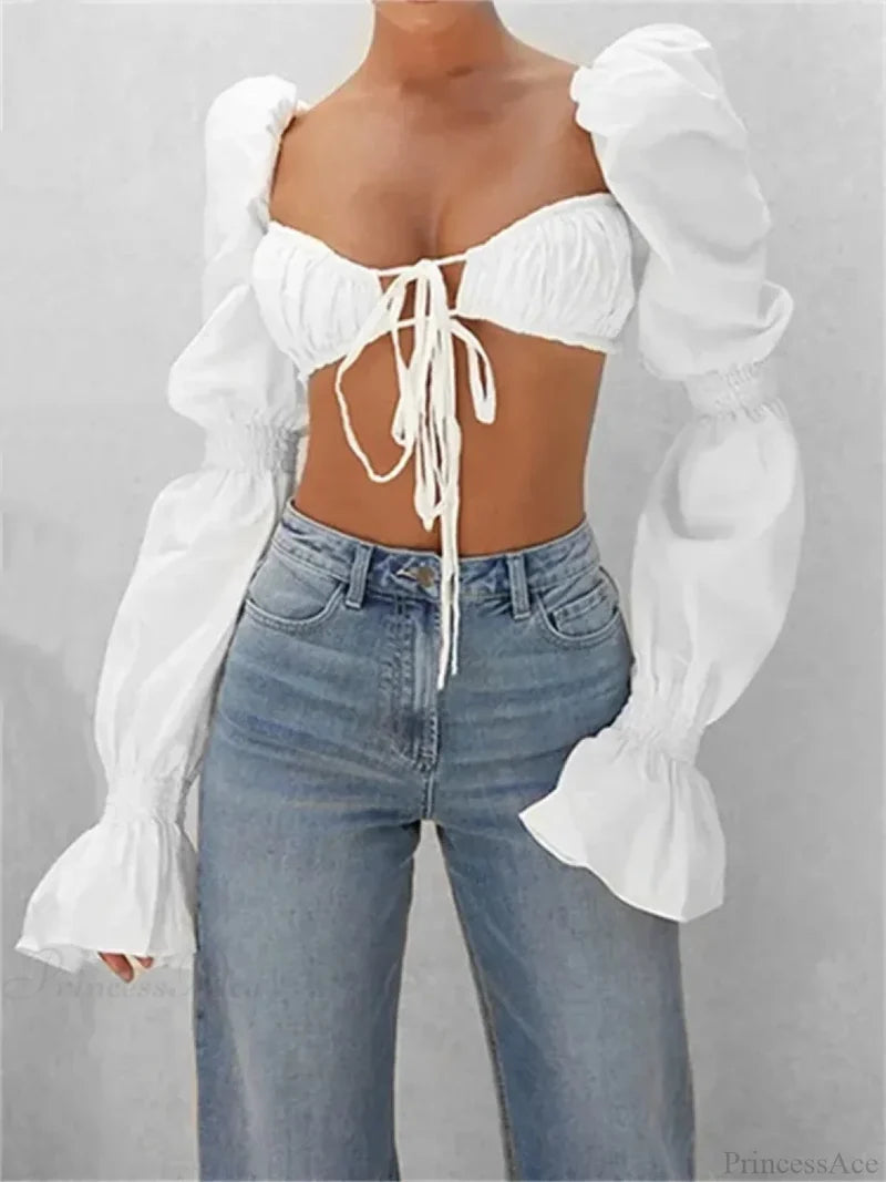 Autumn Puff Long Sleeve Square Neck Tie-up Blouse blouse-250126