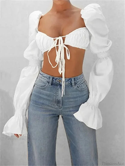 Autumn Puff Long Sleeve Square Neck Tie-up Blouse blouse-250126