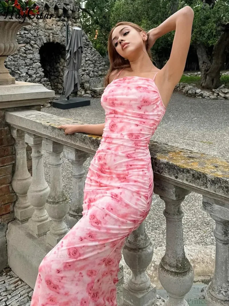 Backless Draped Floral Print Maxi Floral Dress floraldress-250126