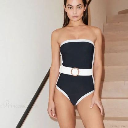 Bandeau Color Block Dots Designer Swimsuit One Piece Black / S onepiece-250223