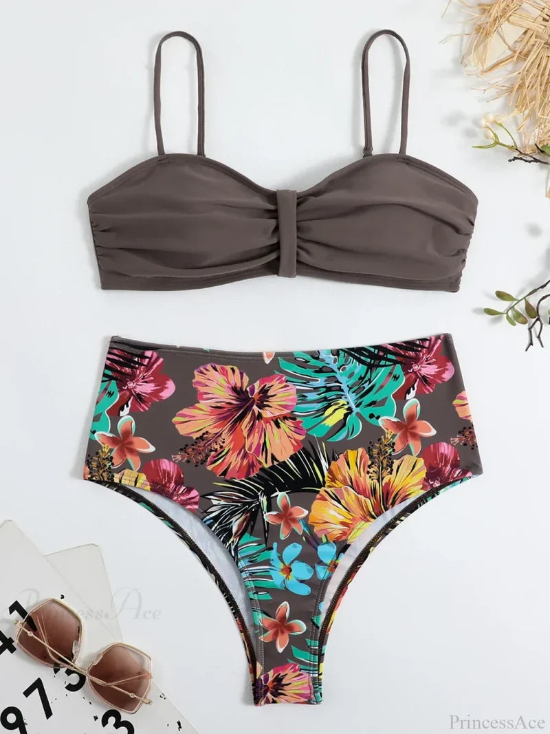Bandeau Tropical Tie Back Push Two Piece Set Grey / S