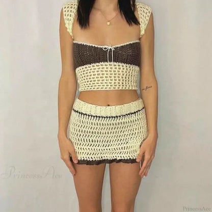 Beach Holiday 2 Piece Sets Crochet Hollow Out Crop Tops Backless Tie Up Knitted Tank Tops + Mini Pencil Skirt Y2K