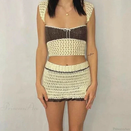 Beach Holiday 2 Piece Sets Crochet Hollow Out Crop Tops Backless Tie Up Knitted Tank Tops + Mini Pencil Skirt Y2K