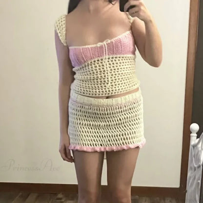 Beach Holiday 2 Piece Sets Crochet Hollow Out Crop Tops Backless Tie Up Knitted Tank Tops + Mini Pencil Skirt Y2K