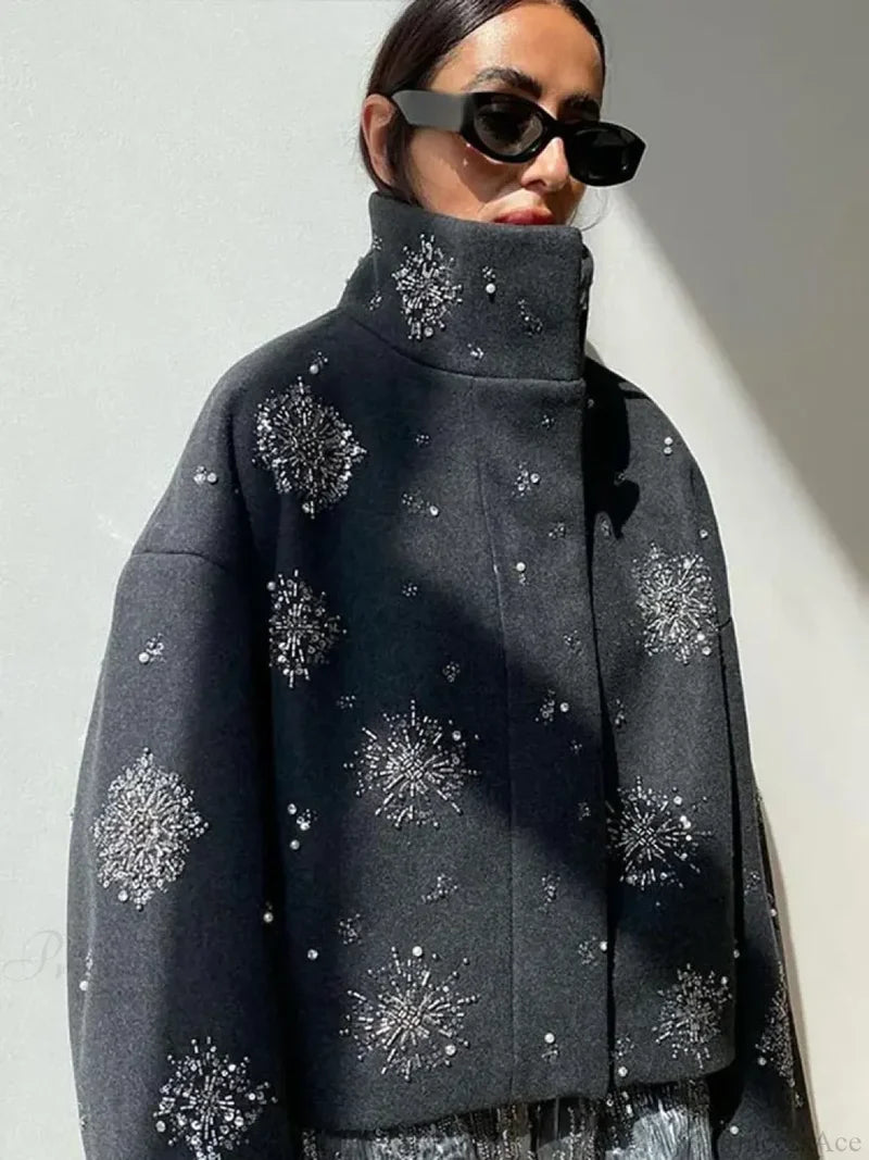 Beaded Flower Sequin Stand Collar Overcoat Gray / XS