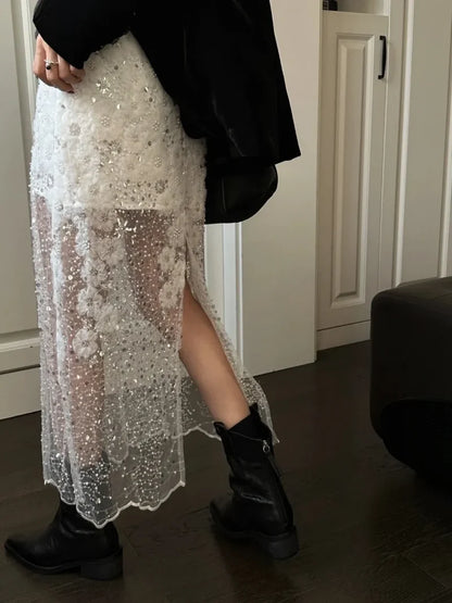 Beaded Sequin White Mesh A-Line Skirt White / S