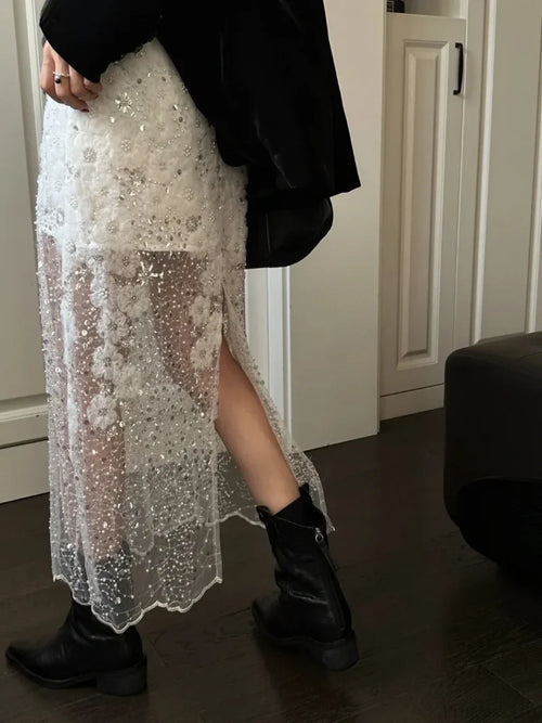 Beaded Sequin White Mesh A-Line Skirt White / S