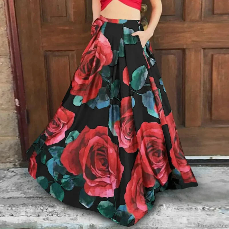 Big Flower Printed A-Line High Waist Long Maxi Skirt Black1 / S skirt-250126