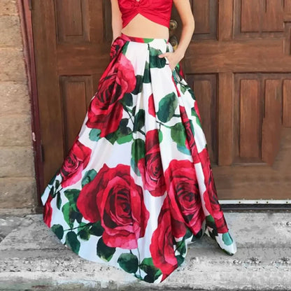Big Flower Printed A-Line High Waist Long Maxi Skirt White2 / S skirt-250126