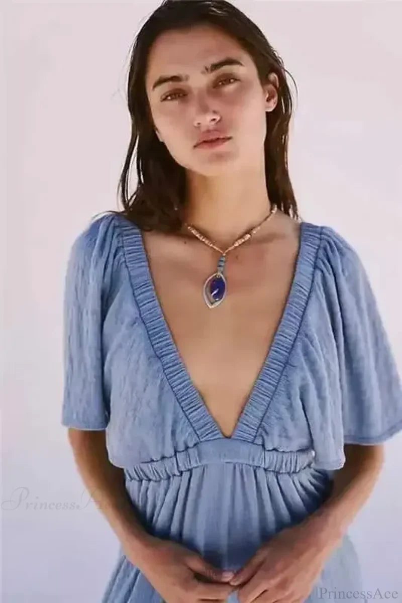 Black Embroidery Round Neck Flare Boho Dress Blue / S bohodress-250126