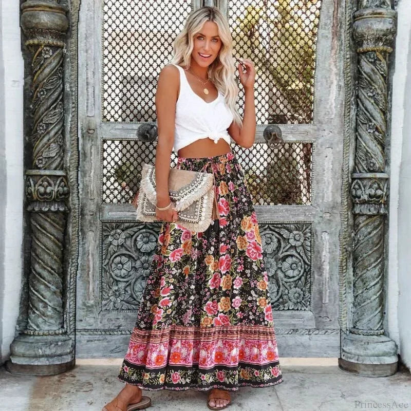 Black Floral Print Pleated Bohemian Skirt Elastic Waist A-Line Rayon Maxi Pink With Black / S skirt-250126